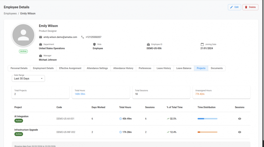 Employee - Project Details - Amatia HCM